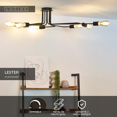 Lucide LESTER - Plafonnier - 8xE27 - Noir